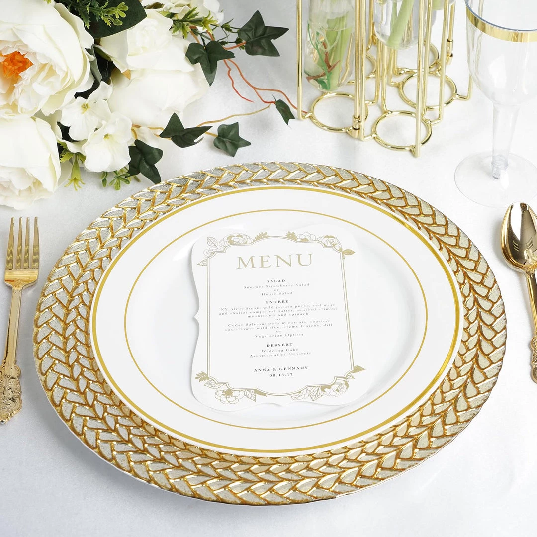 HIER_4700 8 Pack | 13" Luxurious Silver/Gold Braided Rim Glass Charger Plates, Clear Round Charger Plates Disposable Dinnerware 19 HIER_4700 8 Pack | 13" Luxurious Silver/Gold Braided Rim Glass Charger Plates, Clear Round Charger Plates Disposable Dinnerware