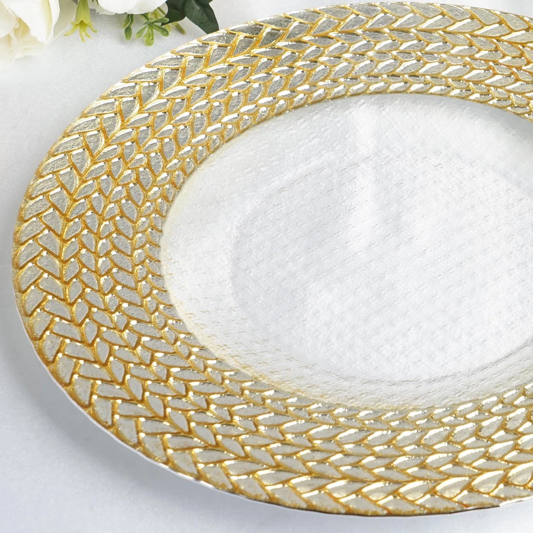 HIER_4700 8 Pack | 13" Luxurious Silver/Gold Braided Rim Glass Charger Plates, Clear Round Charger Plates Disposable Dinnerware 8 HIER_4700 8 Pack | 13" Luxurious Silver/Gold Braided Rim Glass Charger Plates, Clear Round Charger Plates Disposable Dinnerware