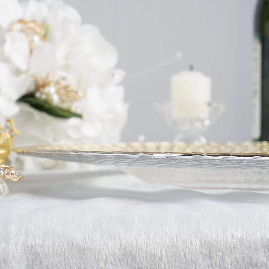 HIER_4700 8 Pack | 13" Luxurious Silver/Gold Braided Rim Glass Charger Plates, Clear Round Charger Plates Disposable Dinnerware 9 HIER_4700 8 Pack | 13" Luxurious Silver/Gold Braided Rim Glass Charger Plates, Clear Round Charger Plates Disposable Dinnerware