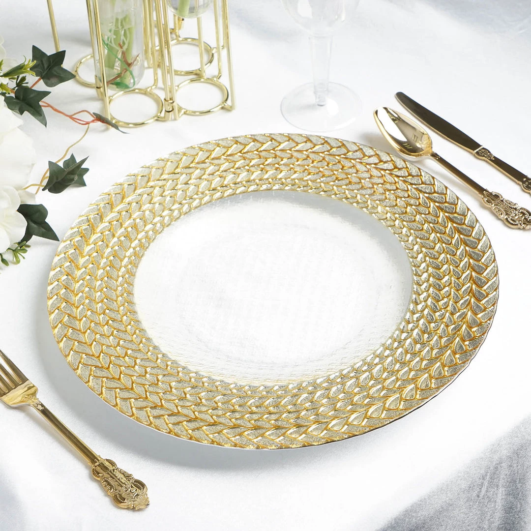 HIER_4700 8 Pack | 13" Luxurious Silver/Gold Braided Rim Glass Charger Plates, Clear Round Charger Plates Disposable Dinnerware 18 HIER_4700 8 Pack | 13" Luxurious Silver/Gold Braided Rim Glass Charger Plates, Clear Round Charger Plates Disposable Dinnerware