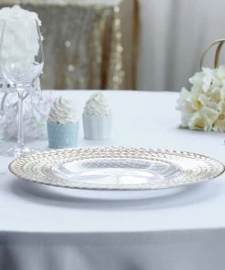 HIER_4700 8 Pack | 13" Luxurious Silver/Gold Braided Rim Glass Charger Plates, Clear Round Charger Plates Disposable Dinnerware 41 HIER_4700 8 Pack | 13