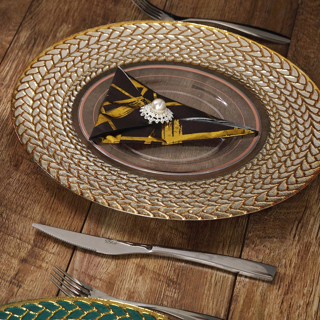 HIER_4700 8 Pack | 13" Luxurious Silver/Gold Braided Rim Glass Charger Plates, Clear Round Charger Plates Disposable Dinnerware 20 HIER_4700 8 Pack | 13" Luxurious Silver/Gold Braided Rim Glass Charger Plates, Clear Round Charger Plates Disposable Dinnerware