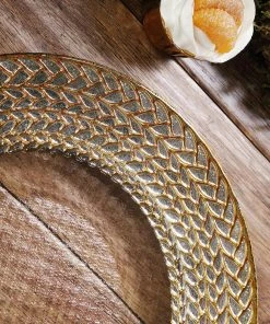 HIER_4700 8 Pack | 13" Luxurious Silver/Gold Braided Rim Glass Charger Plates, Clear Round Charger Plates Disposable Dinnerware 46 HIER_4700 8 Pack | 13