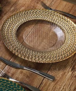 HIER_4700 8 Pack | 13" Luxurious Silver/Gold Braided Rim Glass Charger Plates, Clear Round Charger Plates Disposable Dinnerware 47 HIER_4700 8 Pack | 13