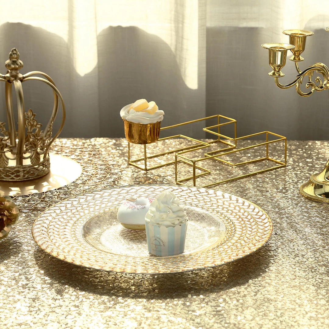 HIER_4700 8 Pack | 13" Luxurious Silver/Gold Braided Rim Glass Charger Plates, Clear Round Charger Plates Disposable Dinnerware 17 HIER_4700 8 Pack | 13" Luxurious Silver/Gold Braided Rim Glass Charger Plates, Clear Round Charger Plates Disposable Dinnerware