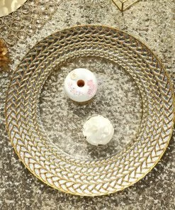 HIER_4700 8 Pack | 13" Luxurious Silver/Gold Braided Rim Glass Charger Plates, Clear Round Charger Plates Disposable Dinnerware 48 HIER_4700 8 Pack | 13