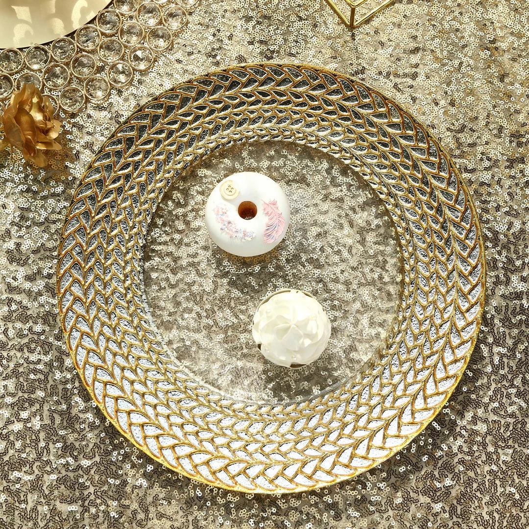 HIER_4700 8 Pack | 13" Luxurious Silver/Gold Braided Rim Glass Charger Plates, Clear Round Charger Plates Disposable Dinnerware 23 HIER_4700 8 Pack | 13" Luxurious Silver/Gold Braided Rim Glass Charger Plates, Clear Round Charger Plates Disposable Dinnerware