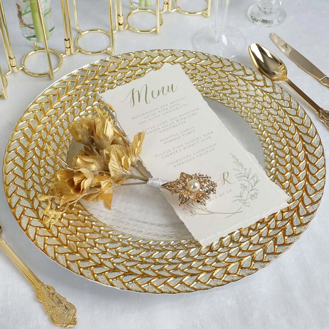 HIER_4700 8 Pack | 13" Luxurious Silver/Gold Braided Rim Glass Charger Plates, Clear Round Charger Plates Disposable Dinnerware 7 HIER_4700 8 Pack | 13" Luxurious Silver/Gold Braided Rim Glass Charger Plates, Clear Round Charger Plates Disposable Dinnerware