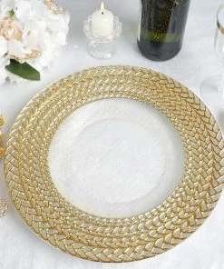 HIER_4700 8 Pack | 13" Luxurious Silver/Gold Braided Rim Glass Charger Plates, Clear Round Charger Plates Disposable Dinnerware