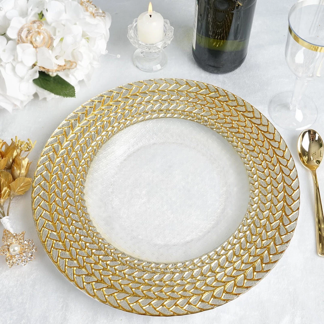 HIER_4700 8 Pack | 13" Luxurious Silver/Gold Braided Rim Glass Charger Plates, Clear Round Charger Plates Disposable Dinnerware 1 HIER_4700 8 Pack | 13" Luxurious Silver/Gold Braided Rim Glass Charger Plates, Clear Round Charger Plates Disposable Dinnerware