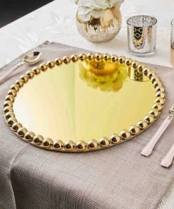 HIER_4710 Disposable Dinnerware 2 Pack | 13" Gold Mirror Glass Charger Plates With Pearl Beaded Rim