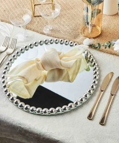 HIER_4710 2 Pack | 13" Silver Mirror Glass Charger Plates With Pearl Beaded Rim Disposable Dinnerware