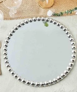 HIER_4710 2 Pack | 13" Silver Mirror Glass Charger Plates With Pearl Beaded Rim Disposable Dinnerware