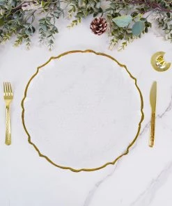 HIER_4710 Disposable Dinnerware 8 Pack | 13" Gold Sunflower Scalloped Rim Clear Glass Charger Plates 20 HIER_4710 Disposable Dinnerware 8 Pack | 13