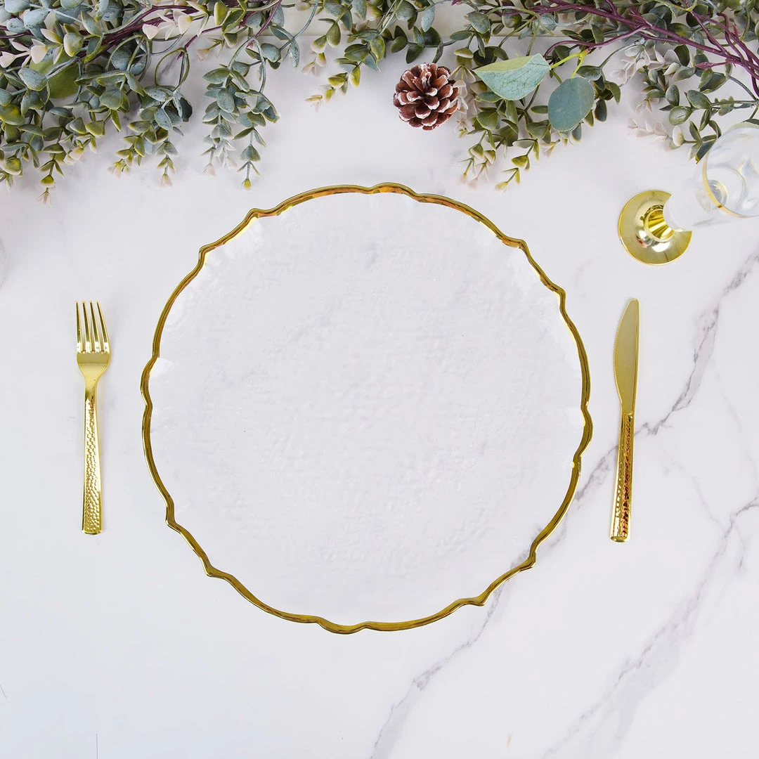 HIER_4710 Disposable Dinnerware 8 Pack | 13" Gold Sunflower Scalloped Rim Clear Glass Charger Plates 10 HIER_4710 Disposable Dinnerware 8 Pack | 13" Gold Sunflower Scalloped Rim Clear Glass Charger Plates