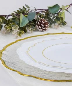 HIER_4710 Disposable Dinnerware 8 Pack | 13" Gold Sunflower Scalloped Rim Clear Glass Charger Plates 16 HIER_4710 Disposable Dinnerware 8 Pack | 13