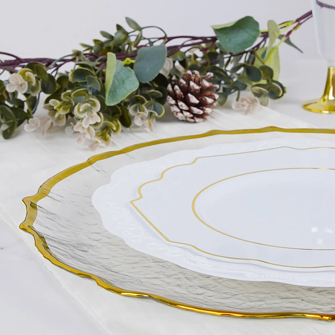 HIER_4710 Disposable Dinnerware 8 Pack | 13" Gold Sunflower Scalloped Rim Clear Glass Charger Plates 6 HIER_4710 Disposable Dinnerware 8 Pack | 13" Gold Sunflower Scalloped Rim Clear Glass Charger Plates