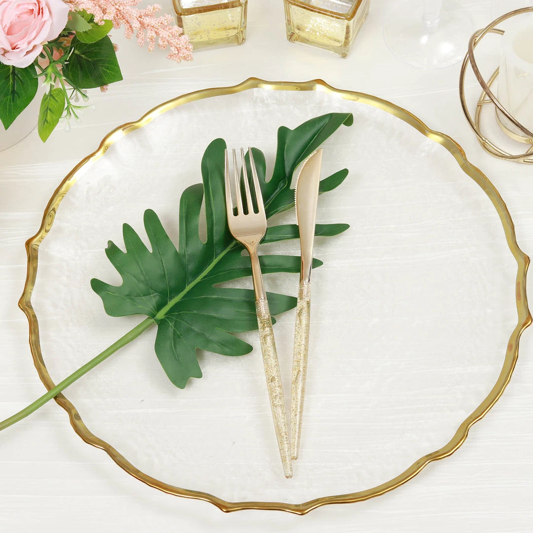 HIER_4710 Disposable Dinnerware 8 Pack | 13" Gold Sunflower Scalloped Rim Clear Glass Charger Plates 7 HIER_4710 Disposable Dinnerware 8 Pack | 13" Gold Sunflower Scalloped Rim Clear Glass Charger Plates