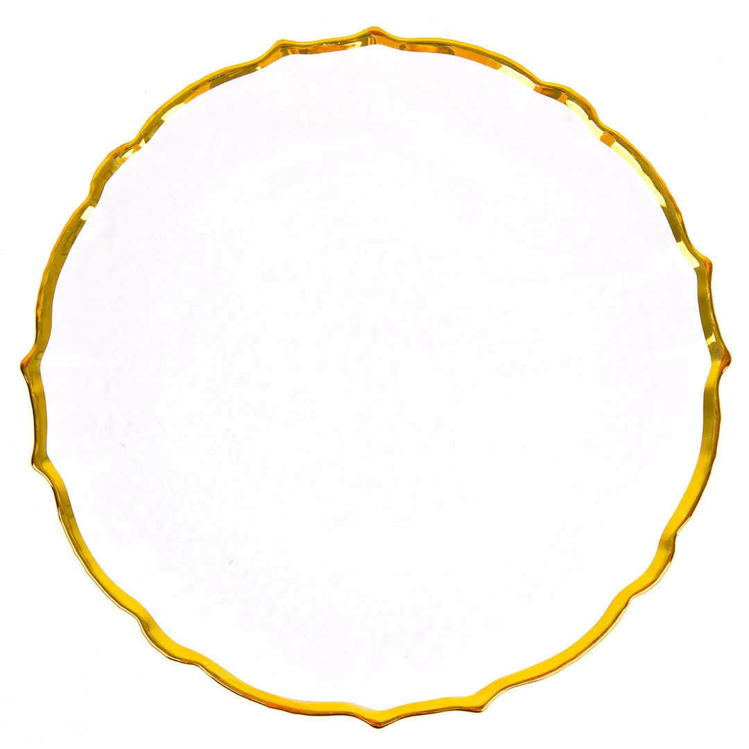 HIER_4710 Disposable Dinnerware 8 Pack | 13" Gold Sunflower Scalloped Rim Clear Glass Charger Plates 11 HIER_4710 Disposable Dinnerware 8 Pack | 13" Gold Sunflower Scalloped Rim Clear Glass Charger Plates
