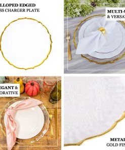 HIER_4710 Disposable Dinnerware 8 Pack | 13" Gold Sunflower Scalloped Rim Clear Glass Charger Plates 14 HIER_4710 Disposable Dinnerware 8 Pack | 13