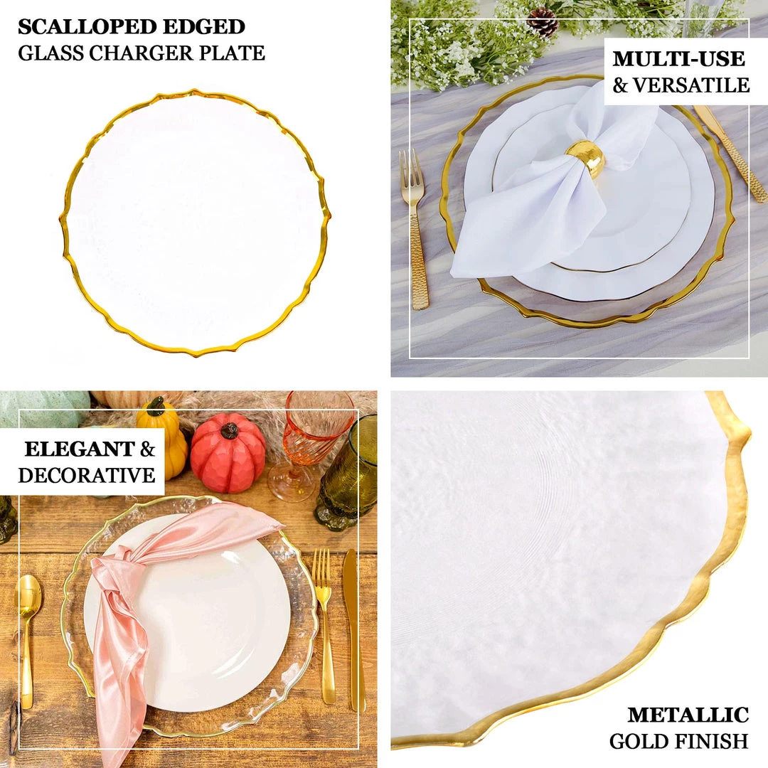 HIER_4710 Disposable Dinnerware 8 Pack | 13" Gold Sunflower Scalloped Rim Clear Glass Charger Plates 4 HIER_4710 Disposable Dinnerware 8 Pack | 13" Gold Sunflower Scalloped Rim Clear Glass Charger Plates