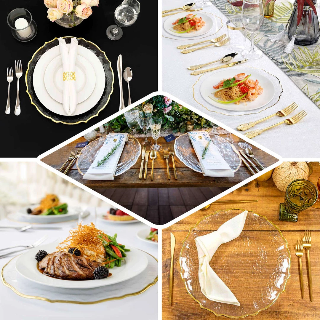 HIER_4710 Disposable Dinnerware 8 Pack | 13" Gold Sunflower Scalloped Rim Clear Glass Charger Plates 5 HIER_4710 Disposable Dinnerware 8 Pack | 13" Gold Sunflower Scalloped Rim Clear Glass Charger Plates