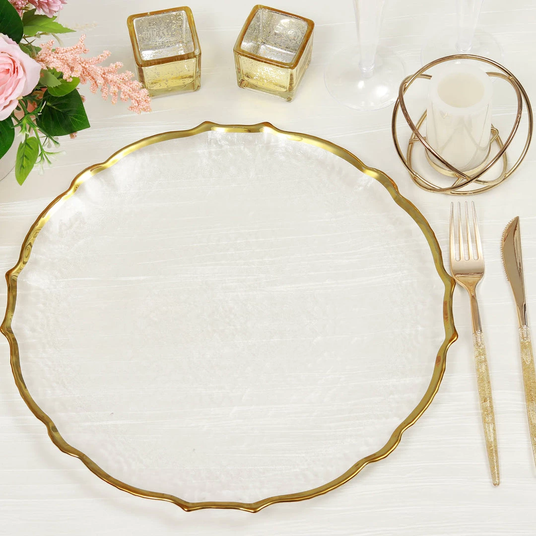 HIER_4710 Disposable Dinnerware 8 Pack | 13" Gold Sunflower Scalloped Rim Clear Glass Charger Plates 8 HIER_4710 Disposable Dinnerware 8 Pack | 13" Gold Sunflower Scalloped Rim Clear Glass Charger Plates