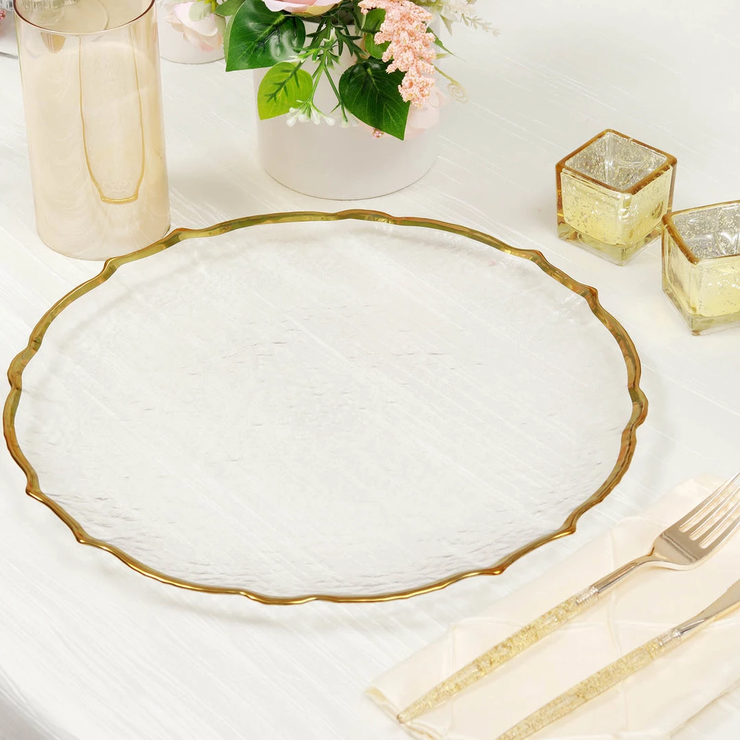 HIER_4710 Disposable Dinnerware 8 Pack | 13" Gold Sunflower Scalloped Rim Clear Glass Charger Plates 1 HIER_4710 Disposable Dinnerware 8 Pack | 13" Gold Sunflower Scalloped Rim Clear Glass Charger Plates