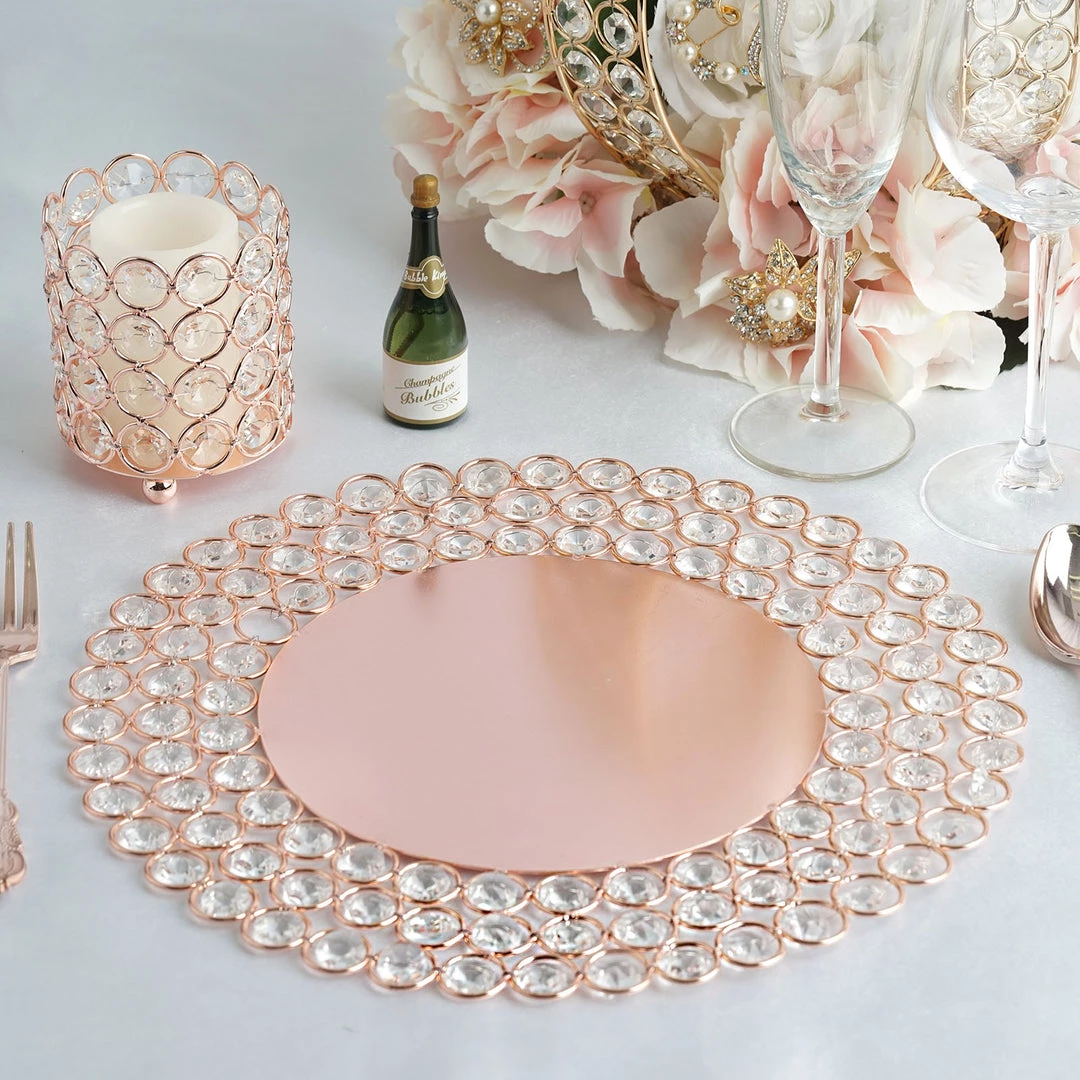 HIER_4700 Disposable Dinnerware 14" Blush/Rose Gold Wired Metal Acrylic Crystal Beaded Charger Plate 4 HIER_4700 Disposable Dinnerware 14" Blush/Rose Gold Wired Metal Acrylic Crystal Beaded Charger Plate