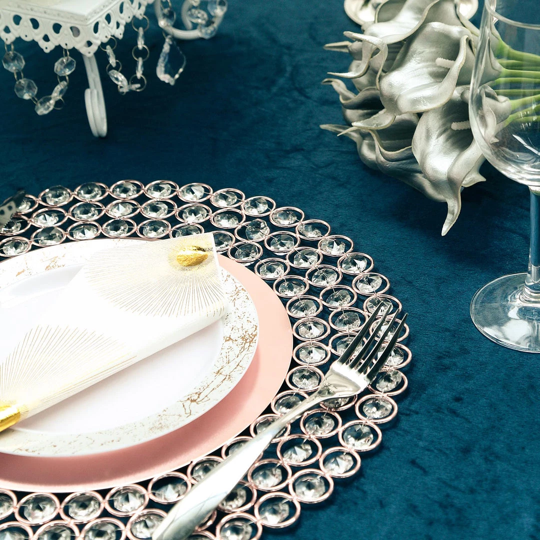 HIER_4700 Disposable Dinnerware 14" Blush/Rose Gold Wired Metal Acrylic Crystal Beaded Charger Plate 5 HIER_4700 Disposable Dinnerware 14" Blush/Rose Gold Wired Metal Acrylic Crystal Beaded Charger Plate