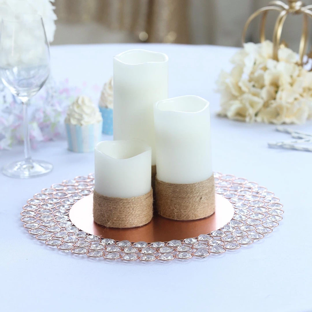 HIER_4700 Disposable Dinnerware 14" Blush/Rose Gold Wired Metal Acrylic Crystal Beaded Charger Plate 16 HIER_4700 Disposable Dinnerware 14" Blush/Rose Gold Wired Metal Acrylic Crystal Beaded Charger Plate