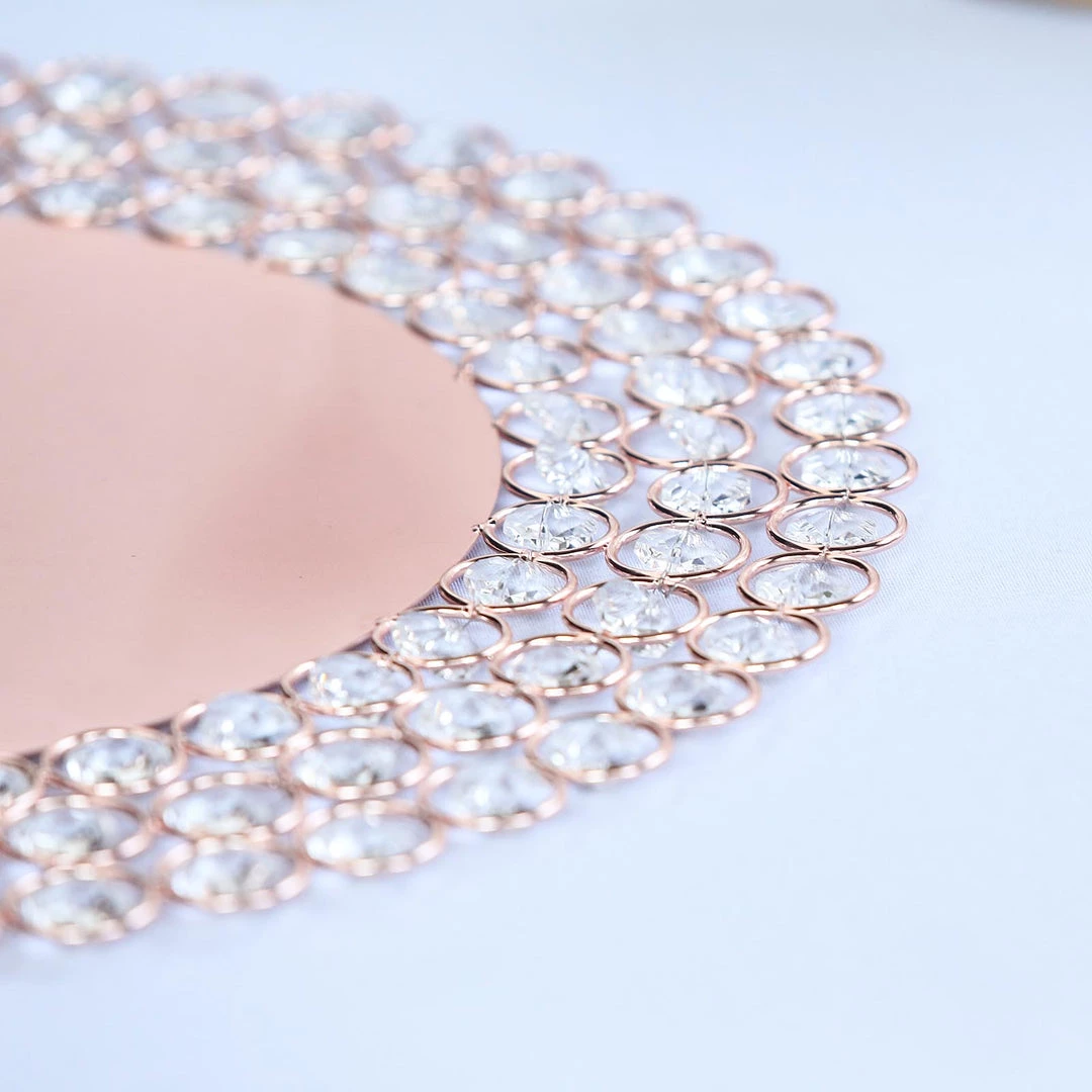 HIER_4700 Disposable Dinnerware 14" Blush/Rose Gold Wired Metal Acrylic Crystal Beaded Charger Plate 18 HIER_4700 Disposable Dinnerware 14" Blush/Rose Gold Wired Metal Acrylic Crystal Beaded Charger Plate