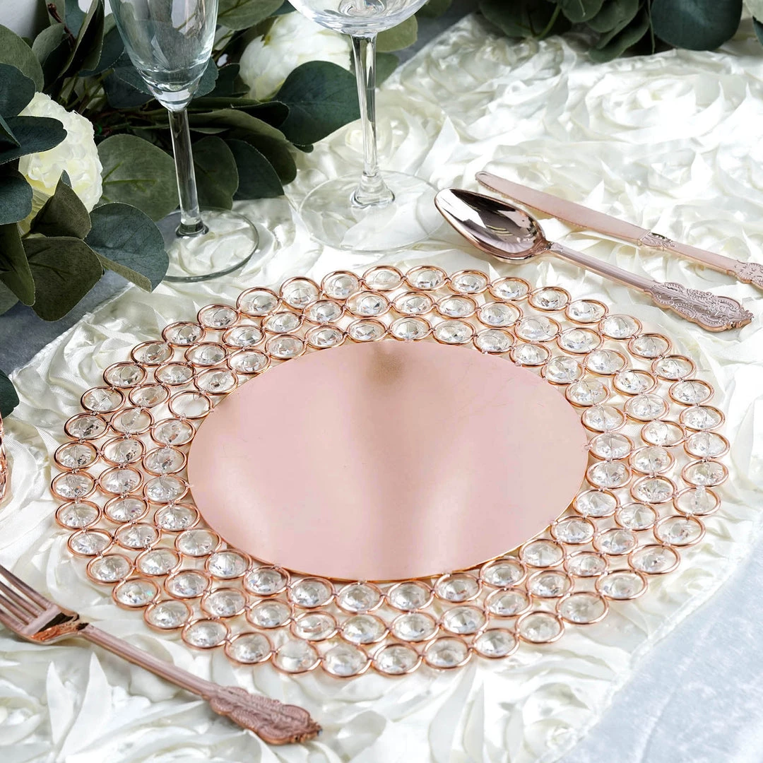 HIER_4700 Disposable Dinnerware 14" Blush/Rose Gold Wired Metal Acrylic Crystal Beaded Charger Plate 8 HIER_4700 Disposable Dinnerware 14" Blush/Rose Gold Wired Metal Acrylic Crystal Beaded Charger Plate