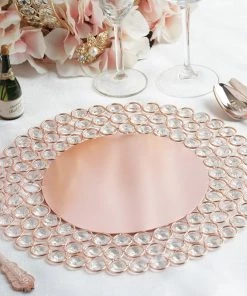 HIER_4700 Disposable Dinnerware 14" Blush/Rose Gold Wired Metal Acrylic Crystal Beaded Charger Plate