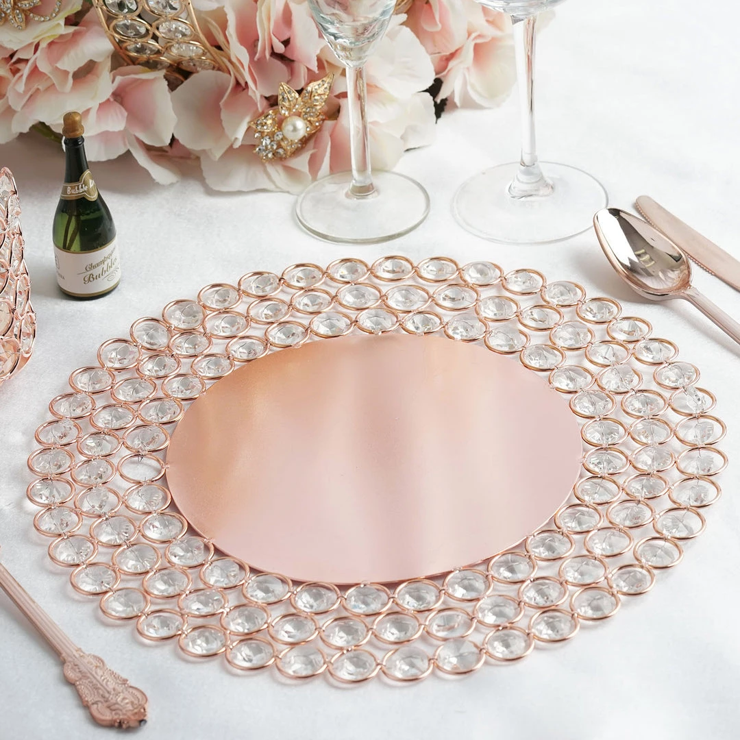 HIER_4700 Disposable Dinnerware 14" Blush/Rose Gold Wired Metal Acrylic Crystal Beaded Charger Plate 1 HIER_4700 Disposable Dinnerware 14" Blush/Rose Gold Wired Metal Acrylic Crystal Beaded Charger Plate