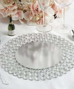 HIER_4700 14" Silver Wired Metal Acrylic Crystal Beaded Charger Plate Disposable Dinnerware