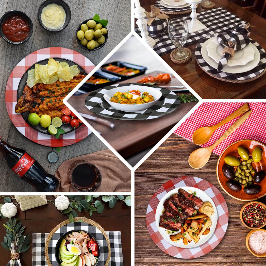 HIER_4710 4 Pack | 13" Red/White Buffalo Plaid Metal Charger Plates, Checkered Picnic Dinner Charger Plates 5 HIER_4710 4 Pack | 13" Red/White Buffalo Plaid Metal Charger Plates, Checkered Picnic Dinner Charger Plates