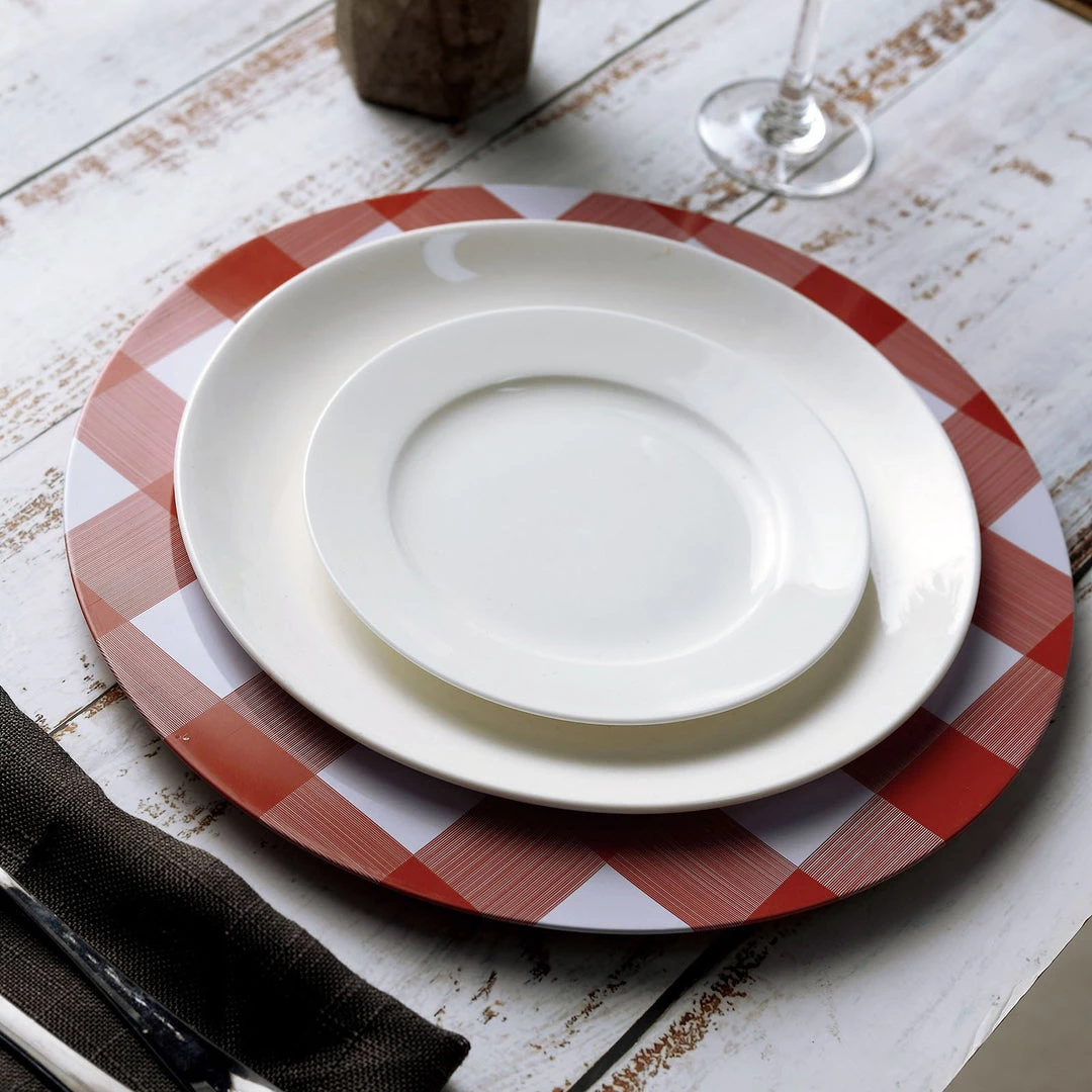 HIER_4710 4 Pack | 13" Red/White Buffalo Plaid Metal Charger Plates, Checkered Picnic Dinner Charger Plates 6 HIER_4710 4 Pack | 13" Red/White Buffalo Plaid Metal Charger Plates, Checkered Picnic Dinner Charger Plates