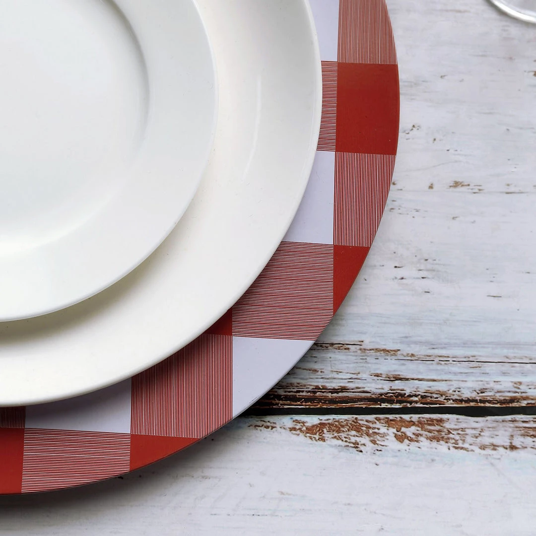 HIER_4710 4 Pack | 13" Red/White Buffalo Plaid Metal Charger Plates, Checkered Picnic Dinner Charger Plates 7 HIER_4710 4 Pack | 13" Red/White Buffalo Plaid Metal Charger Plates, Checkered Picnic Dinner Charger Plates