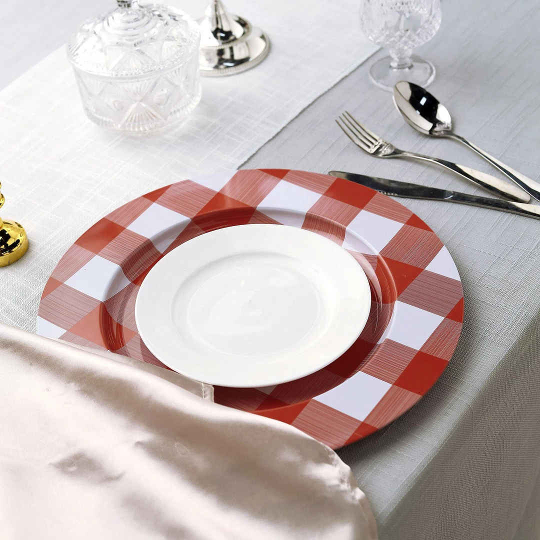 HIER_4710 4 Pack | 13" Red/White Buffalo Plaid Metal Charger Plates, Checkered Picnic Dinner Charger Plates 9 HIER_4710 4 Pack | 13" Red/White Buffalo Plaid Metal Charger Plates, Checkered Picnic Dinner Charger Plates