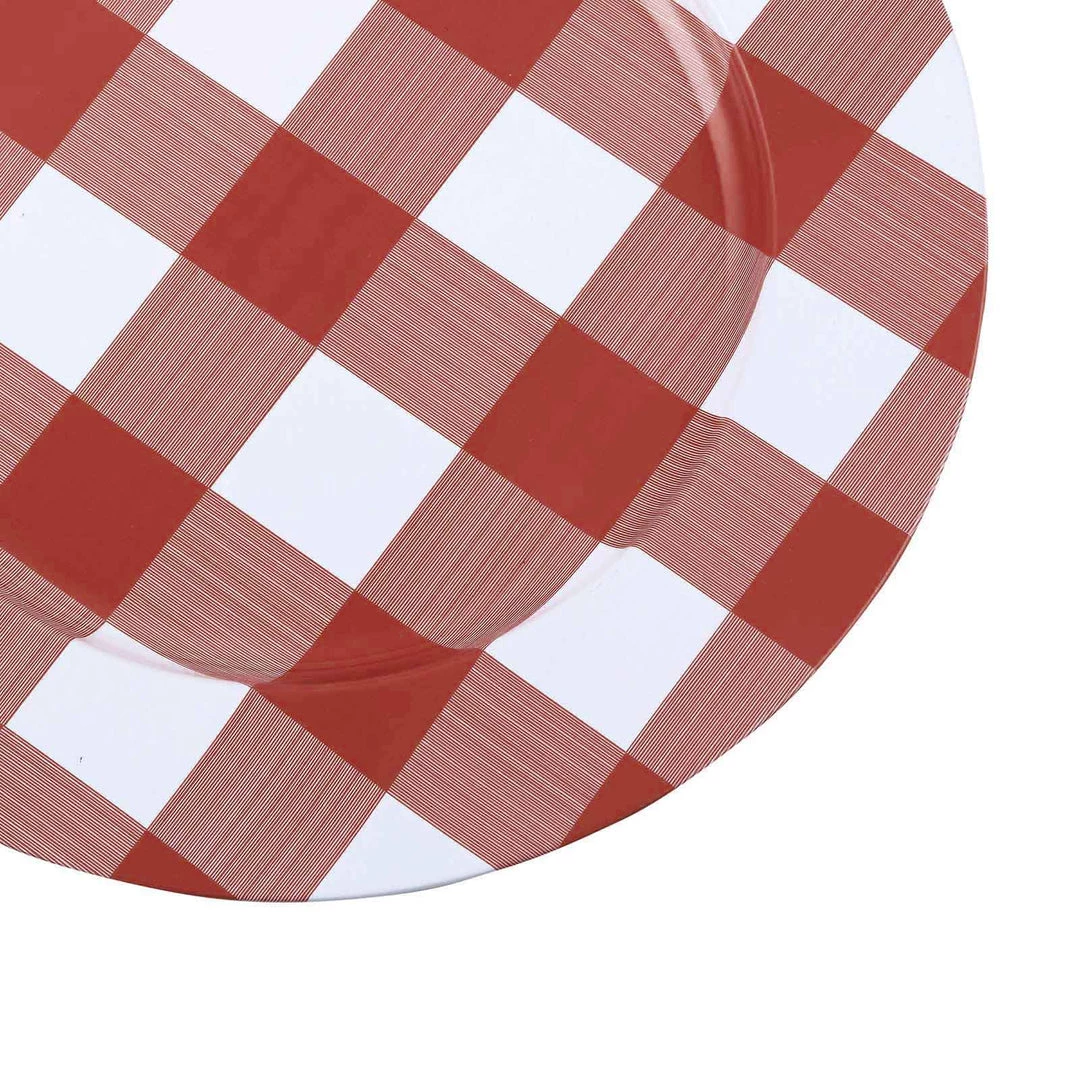 HIER_4710 4 Pack | 13" Red/White Buffalo Plaid Metal Charger Plates, Checkered Picnic Dinner Charger Plates 11 HIER_4710 4 Pack | 13" Red/White Buffalo Plaid Metal Charger Plates, Checkered Picnic Dinner Charger Plates