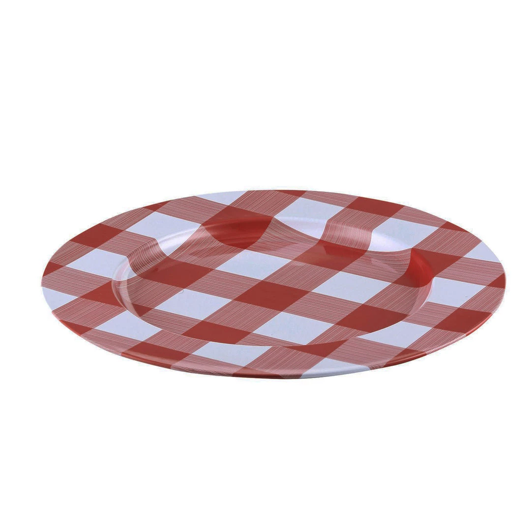 HIER_4710 4 Pack | 13" Red/White Buffalo Plaid Metal Charger Plates, Checkered Picnic Dinner Charger Plates 12 HIER_4710 4 Pack | 13" Red/White Buffalo Plaid Metal Charger Plates, Checkered Picnic Dinner Charger Plates