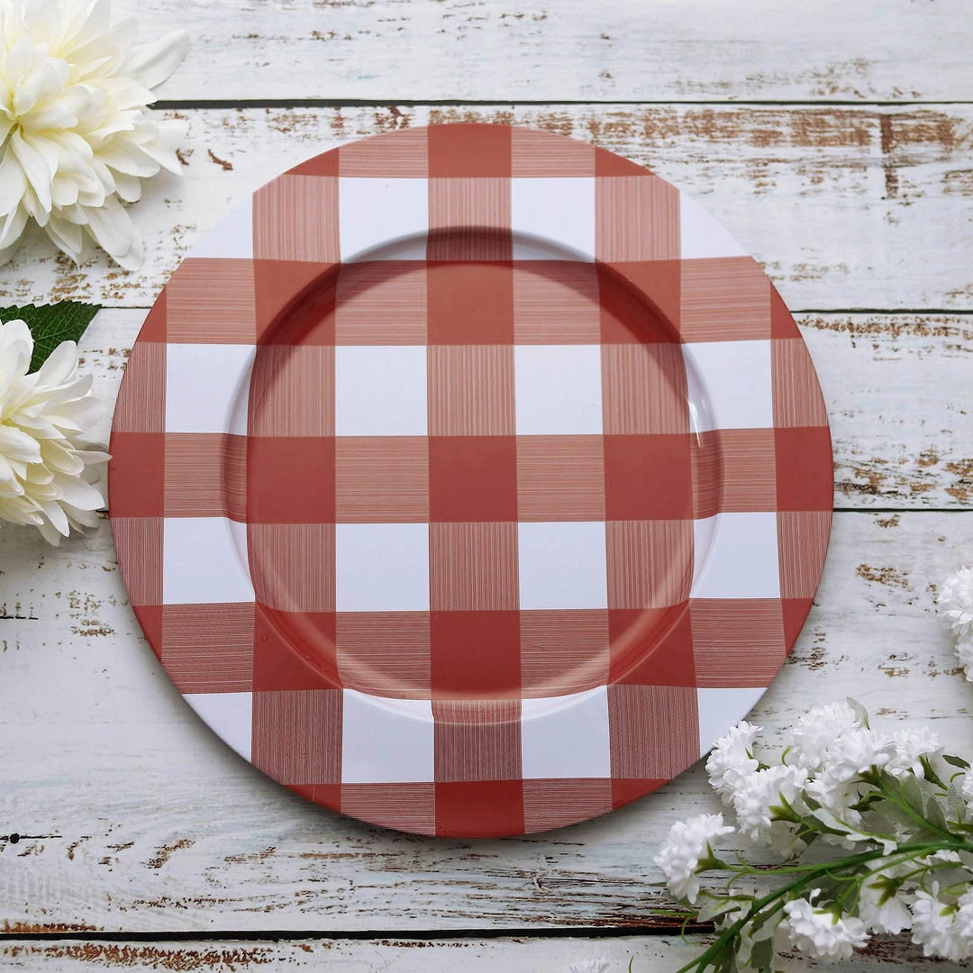 HIER_4710 4 Pack | 13" Red/White Buffalo Plaid Metal Charger Plates, Checkered Picnic Dinner Charger Plates 1 HIER_4710 4 Pack | 13" Red/White Buffalo Plaid Metal Charger Plates, Checkered Picnic Dinner Charger Plates