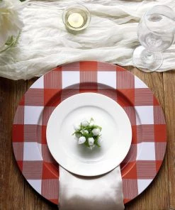 HIER_4710 4 Pack | 13" Red/White Buffalo Plaid Metal Charger Plates, Checkered Picnic Dinner Charger Plates