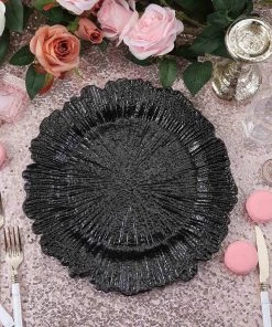HIER_4710 Disposable Dinnerware 6 Pack | 13" Black Round Reef Acrylic Plastic Charger Plates, Dinner Charger Plates