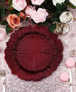 HIER_4710 Disposable Dinnerware 6 Pack | 13" Burgundy Round Reef Acrylic Plastic Charger Plates, Dinner Charger Plates