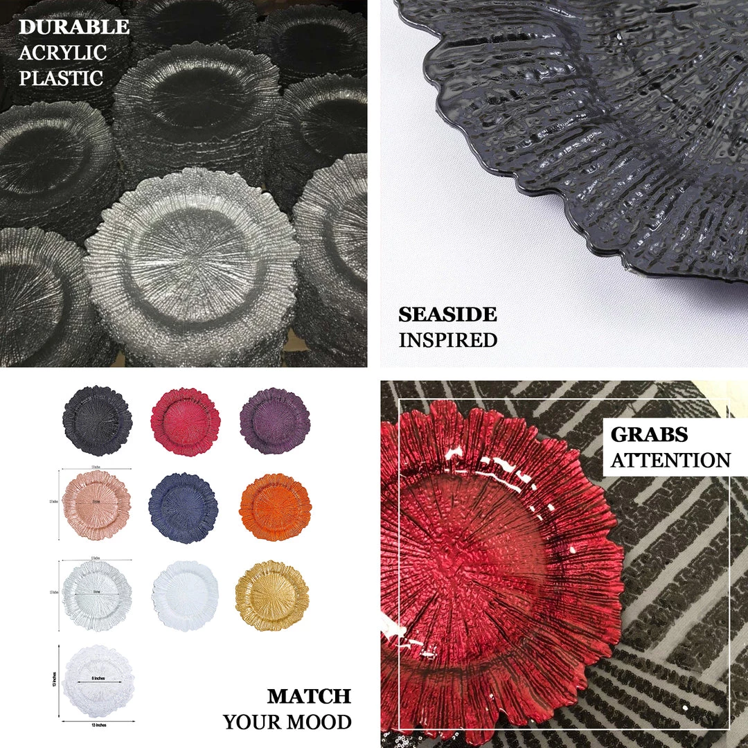 HIER_4700 Disposable Dinnerware 6 Pack | 13" Silver Round Reef Acrylic Plastic Charger Plates, Dinner Charger Plates 4 HIER_4700 Disposable Dinnerware 6 Pack | 13" Silver Round Reef Acrylic Plastic Charger Plates, Dinner Charger Plates