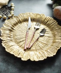 HIER_4700 Disposable Dinnerware 6 Pack | 13" Gold Round Reef Acrylic Plastic Charger Plates, Dinner Charger Plates