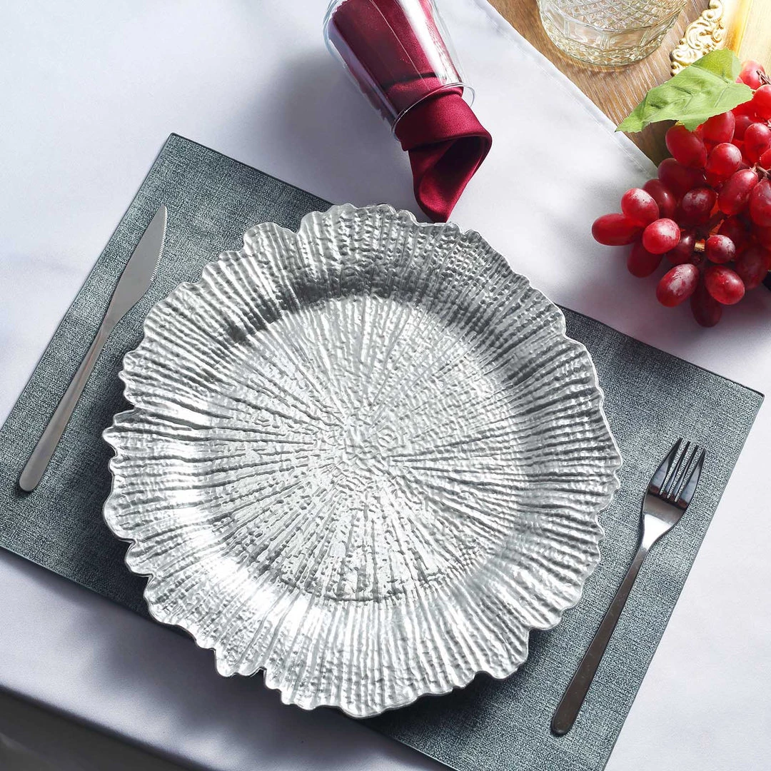 HIER_4700 Disposable Dinnerware 6 Pack | 13" Silver Round Reef Acrylic Plastic Charger Plates, Dinner Charger Plates 6 HIER_4700 Disposable Dinnerware 6 Pack | 13" Silver Round Reef Acrylic Plastic Charger Plates, Dinner Charger Plates