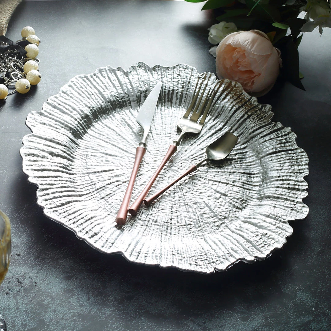 HIER_4700 Disposable Dinnerware 6 Pack | 13" Silver Round Reef Acrylic Plastic Charger Plates, Dinner Charger Plates 1 HIER_4700 Disposable Dinnerware 6 Pack | 13" Silver Round Reef Acrylic Plastic Charger Plates, Dinner Charger Plates